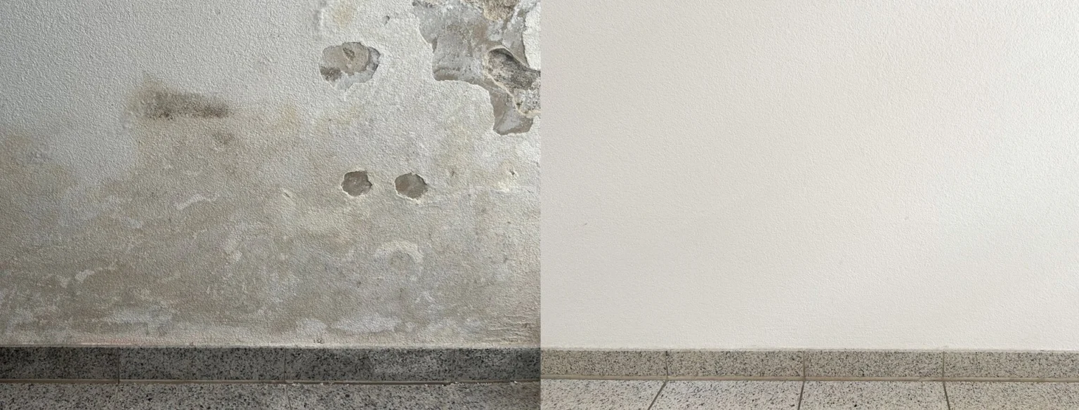 curlew Startseite Feuchte, abgeplatzte Kellerwand vorher und trockene Wand nachher – Abdichtung von innen durch curlew